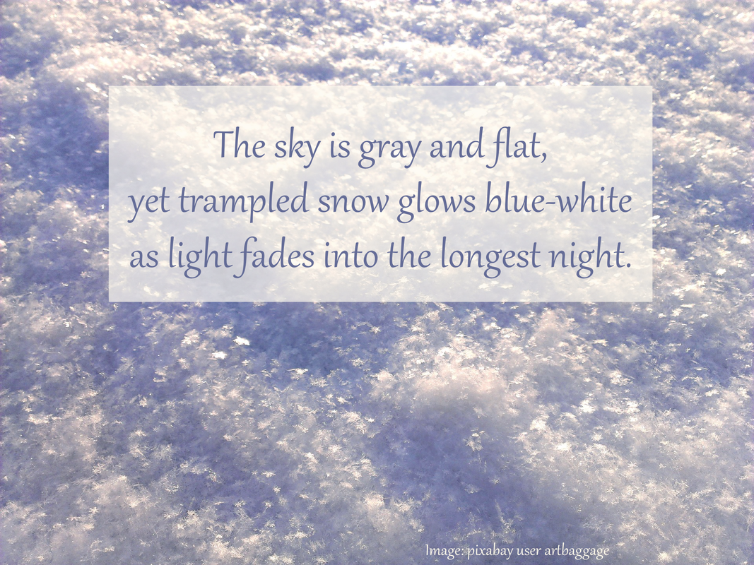 The sky is gray and flat,  yet trampled snow glows blue-white as light fades into the longest night.