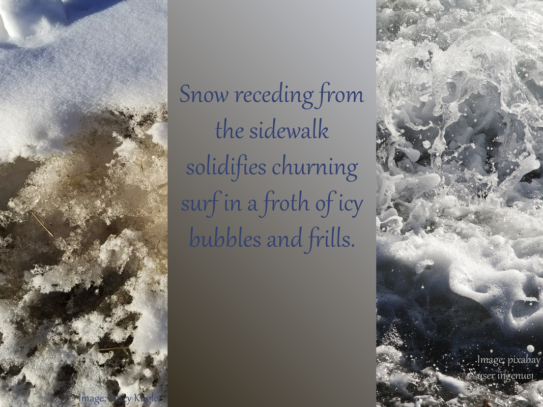 Snow receding from the sidewalk solidifies churning surf in a froth of icy bubbles and frills.