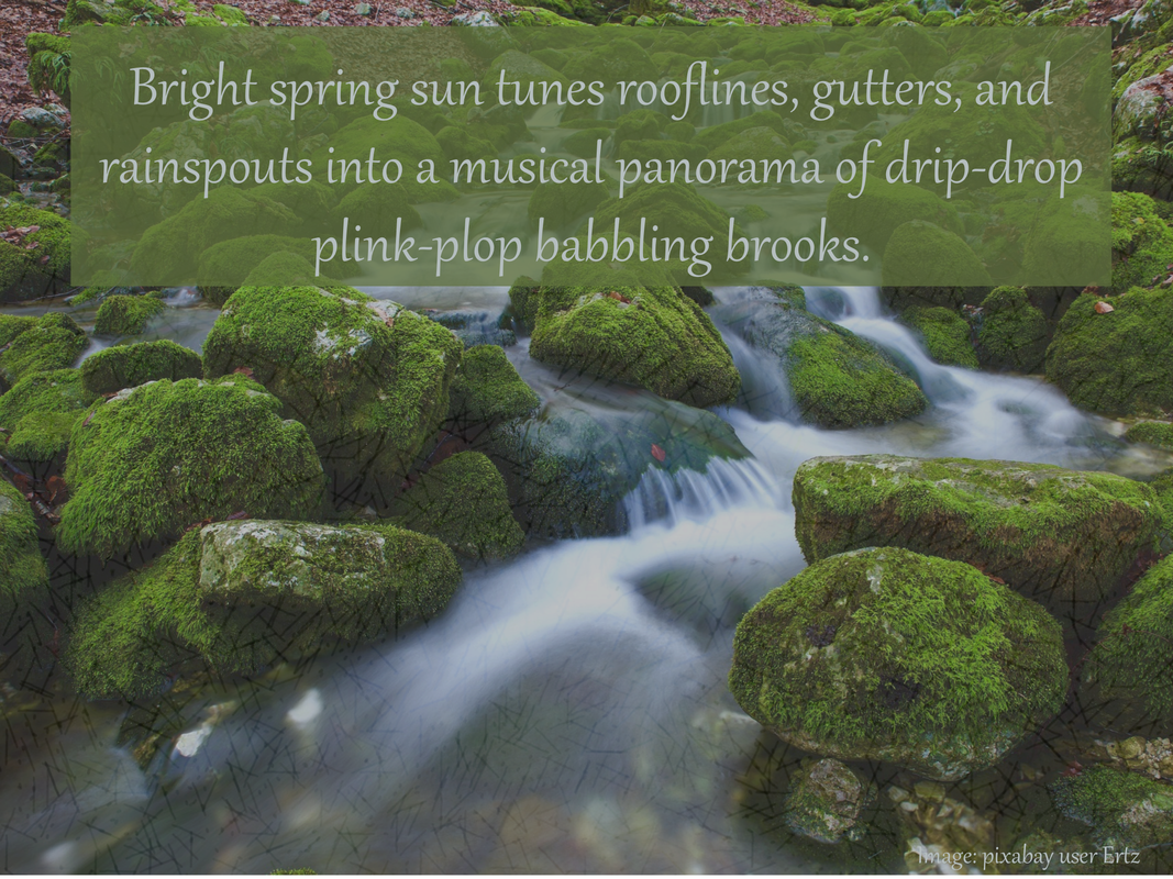 Bright spring sun tunes rooflines, gutters, and rainspouts into a musical panorama of drip-drop plink-plop babbling brooks.