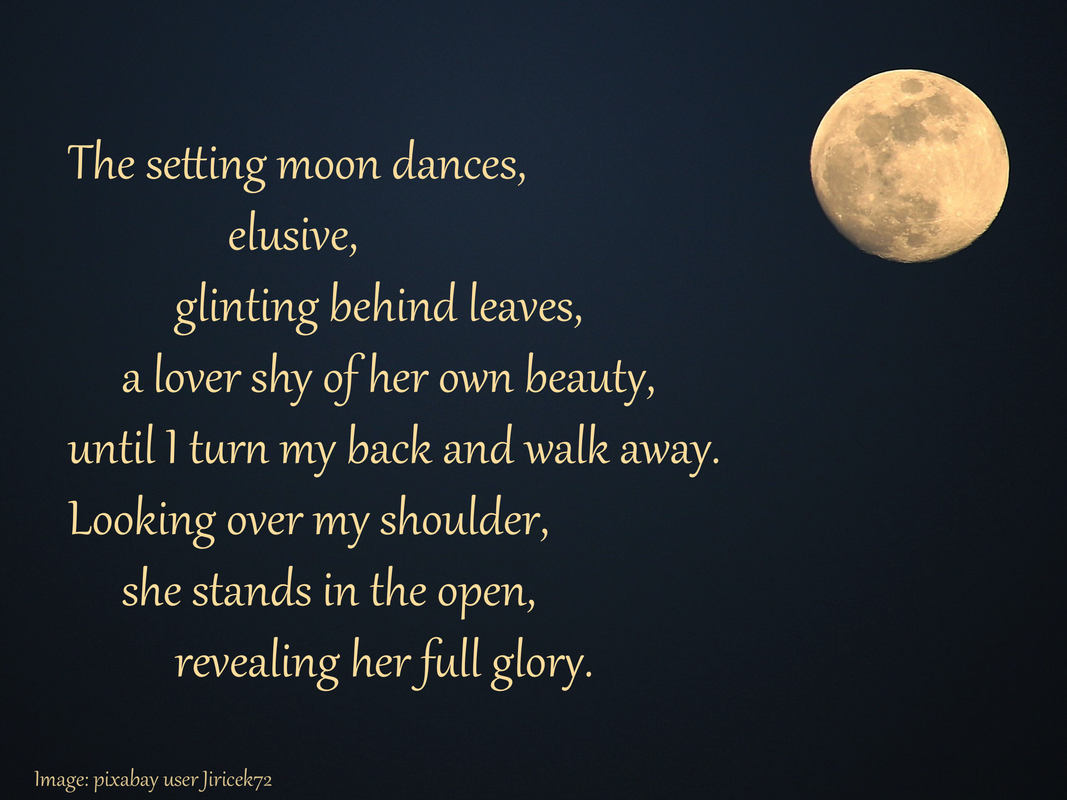 The setting moon dances, elusive, glinting behind leaves, a lover shy of her own beauty, until I turn my back and walk away. Looking over my shoulder, she stands in the open, revealing her full glory.